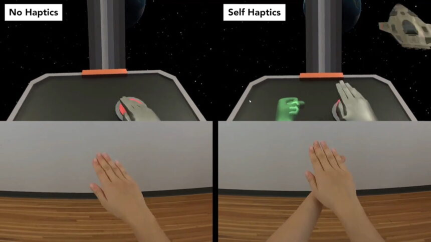 Die Darstellung von Self-Haptics-Handtracking in einer Virtual-Reality-Umgebung.