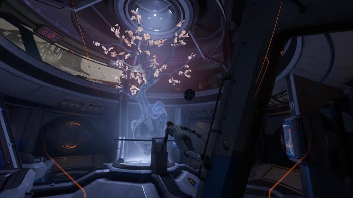 Lone Echo 2 protagonist Liv Rhodes floats in a spaceship towards a hologram tree