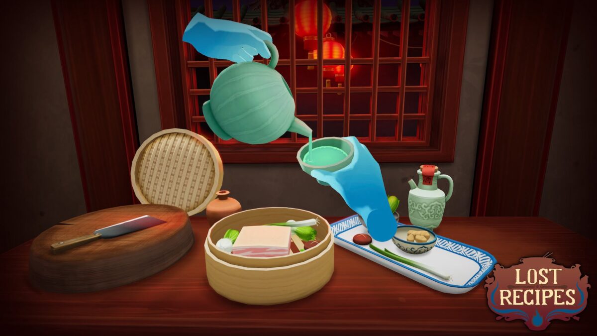 A traditional Chinese dish and a player's VR hands pouring tea
