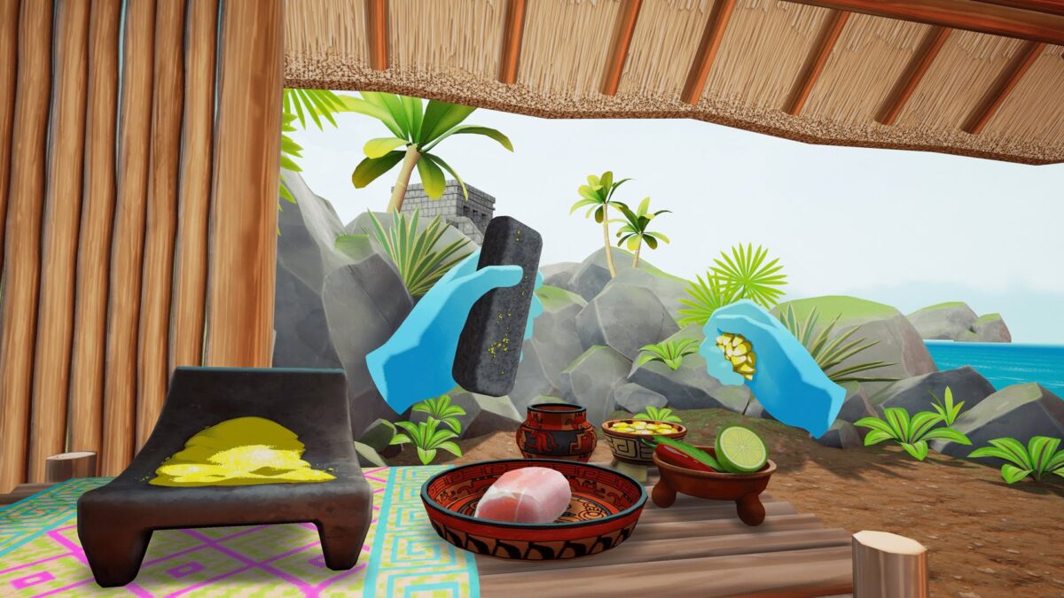 A virtual Mayan kitchen with VR hands preparing a dish