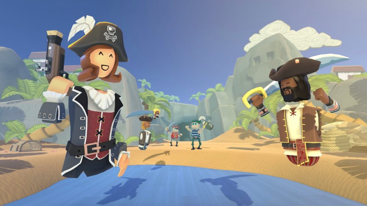Comic avatars in pirate costume in front of caribbean setting