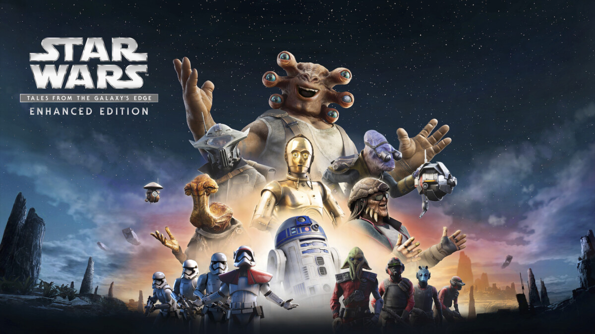 Artwork of Star Wars: Tales from the Galaxy's Edge - Enhanced Edition that shows all the characters in a movie poster fashion.