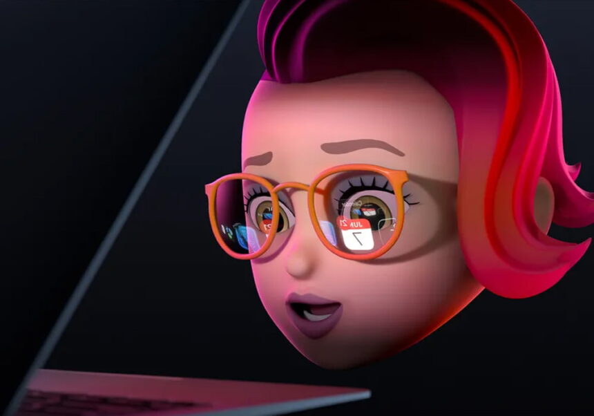 An Apple Memoji wears glasses with a laptop screen reflected in the lens.