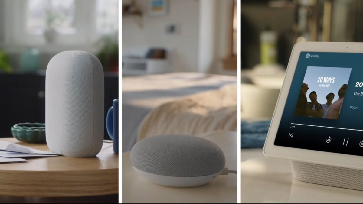 The Google Nest Audio and Nest Mini smart speakers next to the Nest Hub 2 smart display.