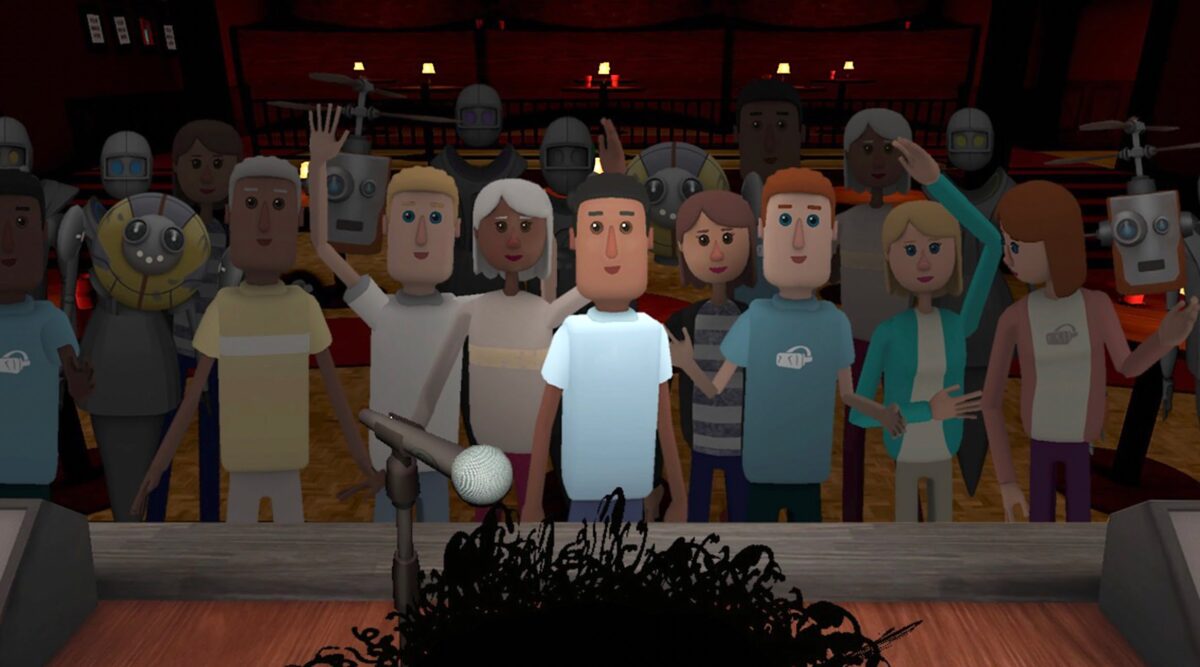 A group of different AltspaceVR avatars in front of a stage with a microphone.