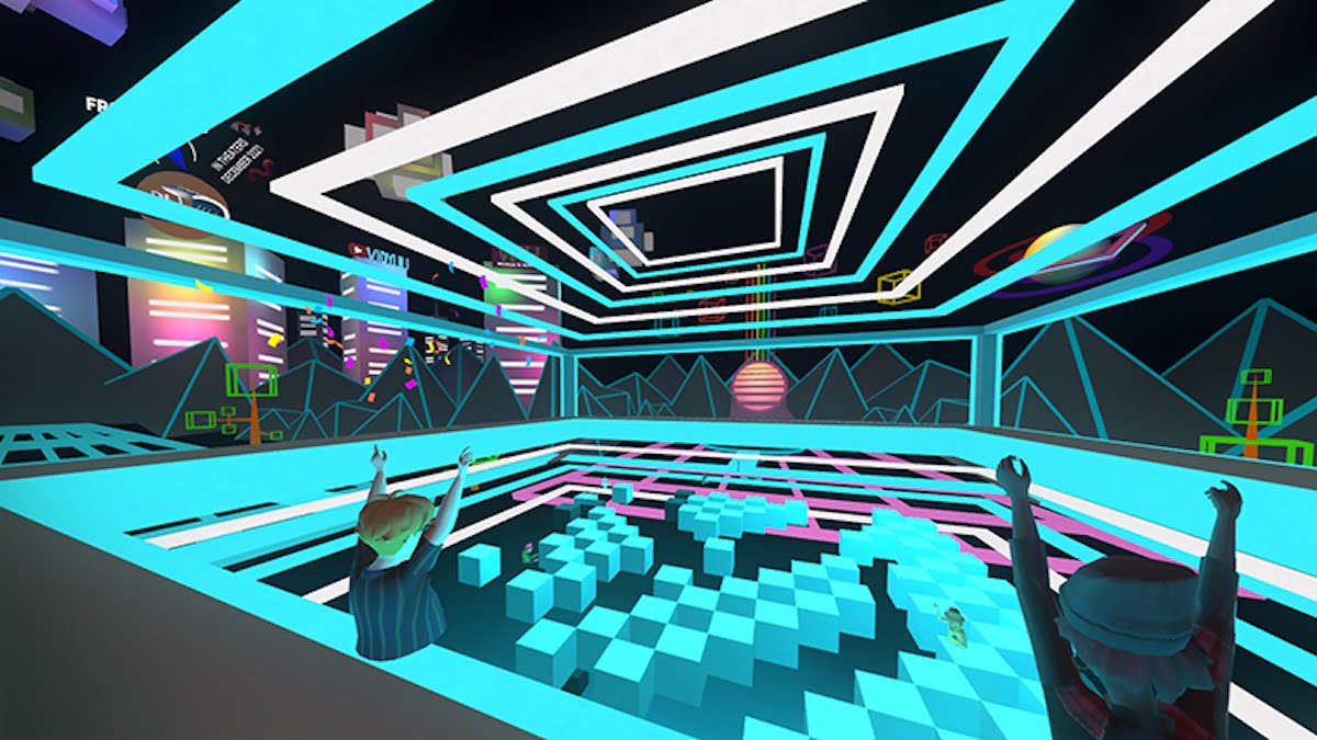 Avatars play and cheer in a neon-lit virtual space