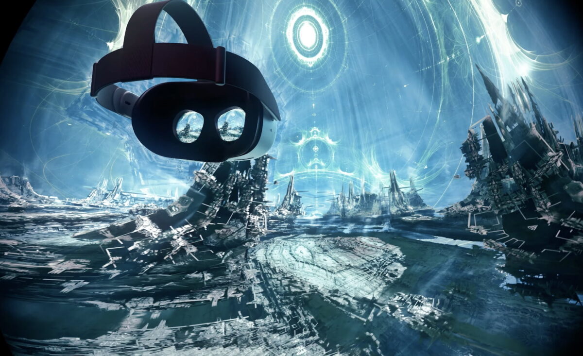 VR glasses float through surreal 3D fractal landscape.