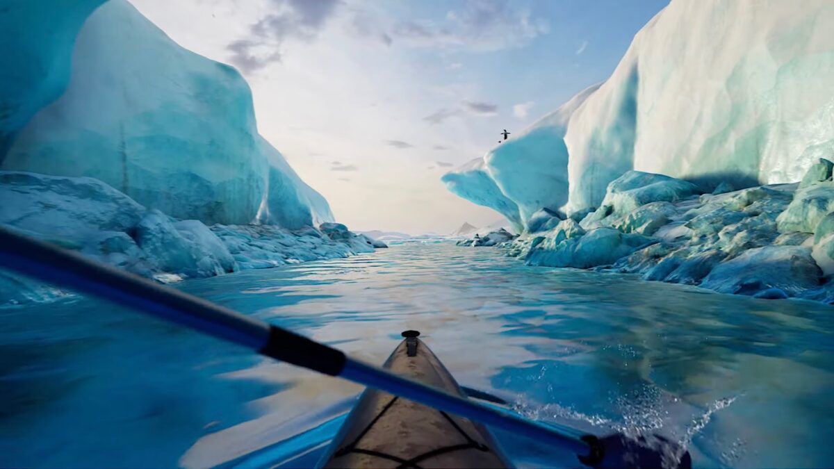 Paddle boat drifting between two glaciers with penguins.