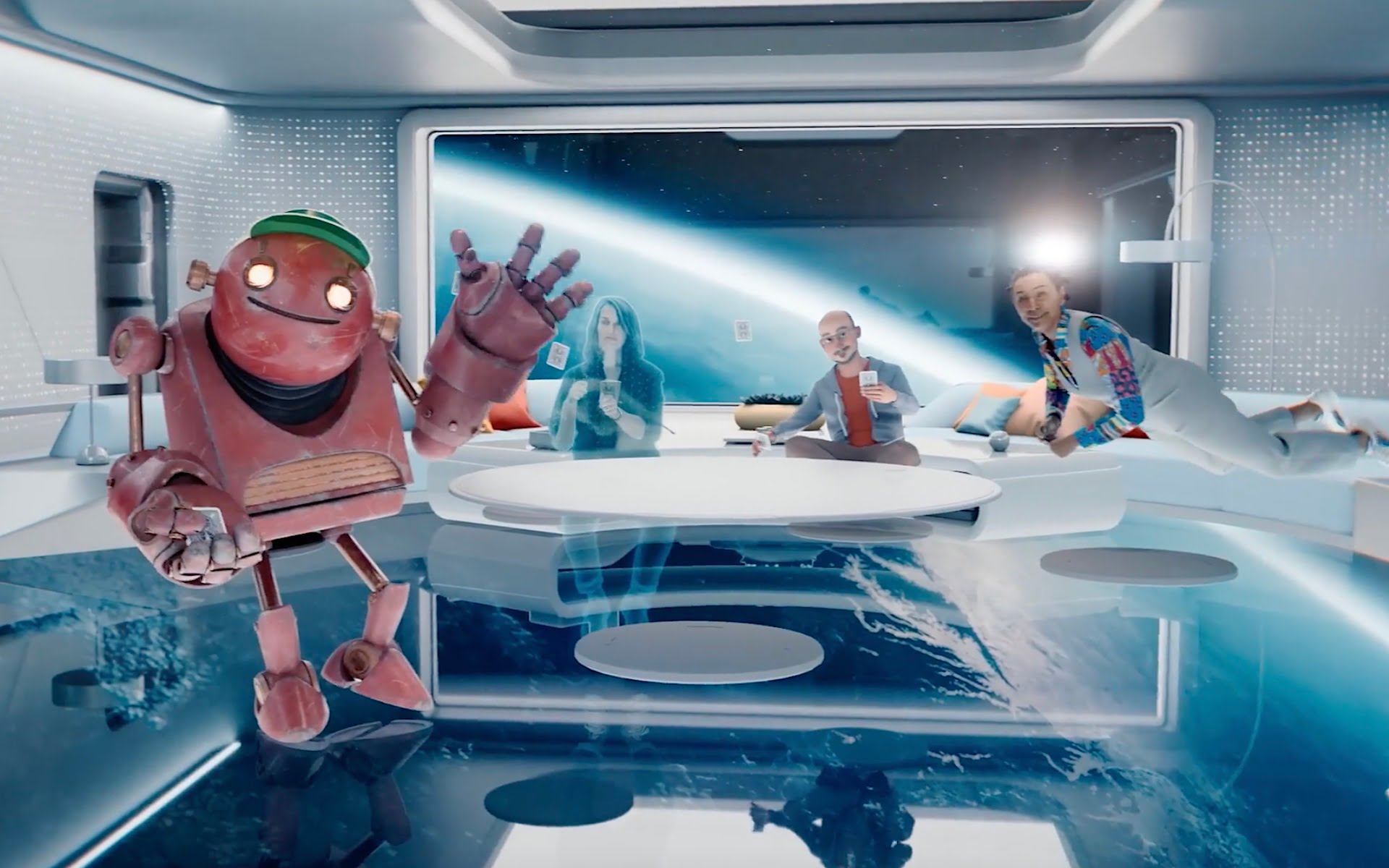 Various avatars wave and greet in a futuristic space station.