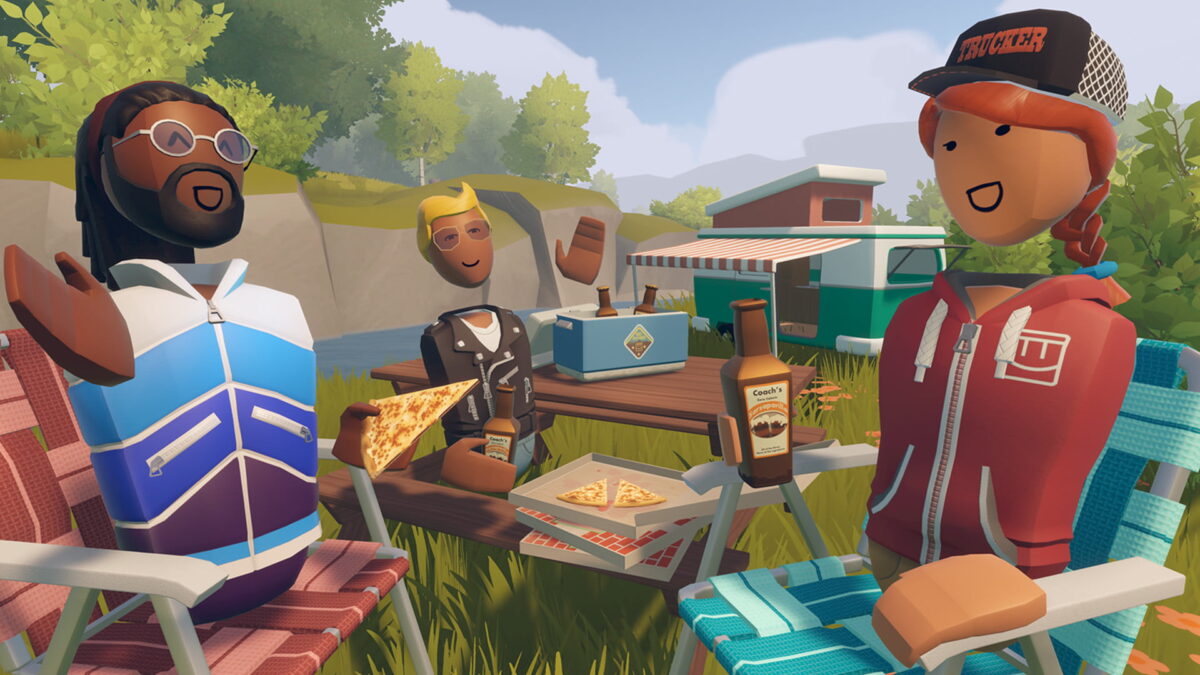Rec room avatars drink and eat pizza.