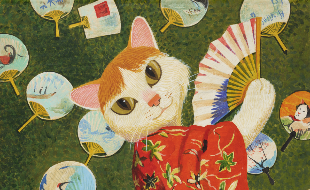 Shu Yamamoto's NFT painting "Meow Meownet in Kimono" shows a cat with a fan.