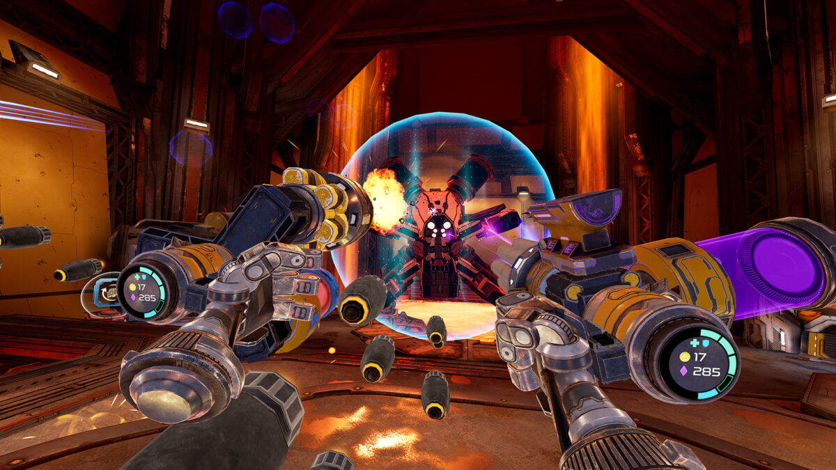 A player shoots at a robot boss with insanely assembled weapons.
