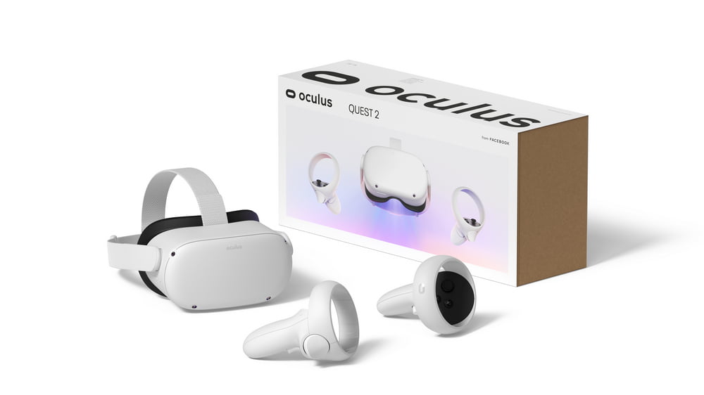 Oculus Quest 2 mit Controllern und der Verkaufsbox im Hintergrund