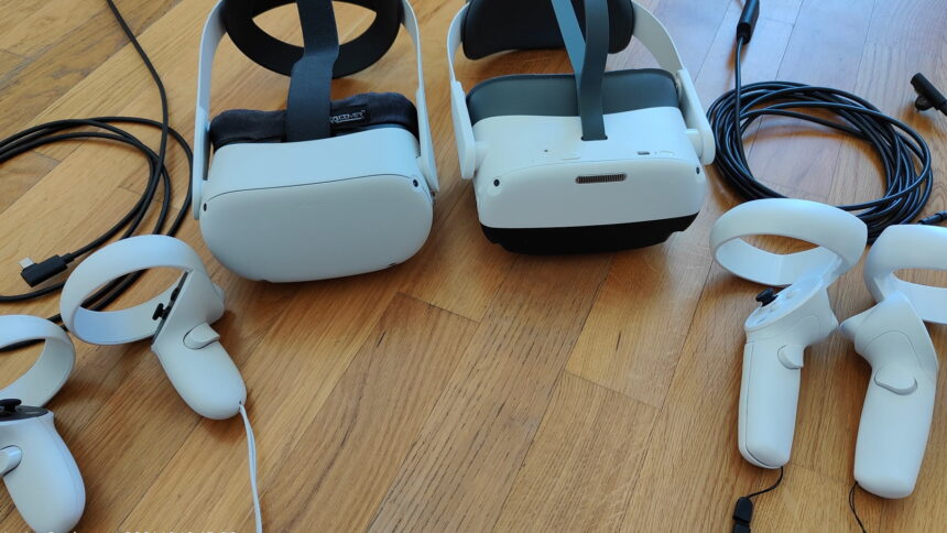 Pico Neo 3 Pro und Oculus Quest 2 samt VR-Controllern und Link-Kabeln