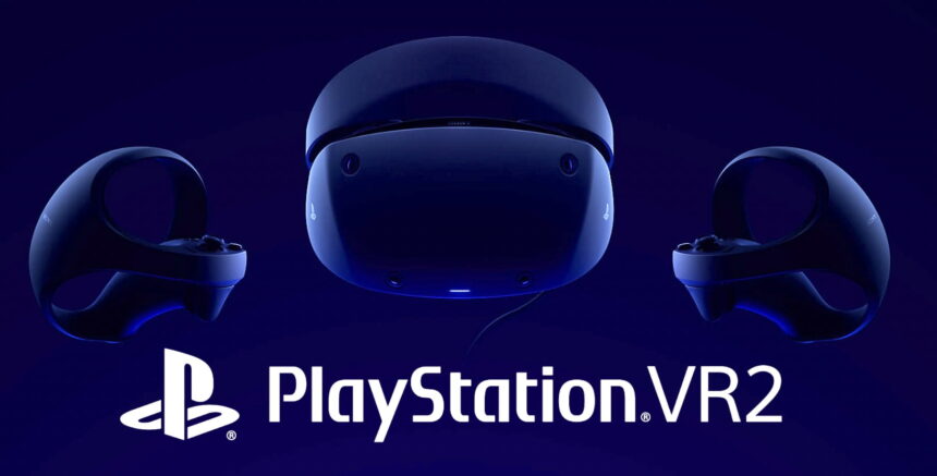 Playstation VR 2 samt Controllern, Logo und Schriftzug.