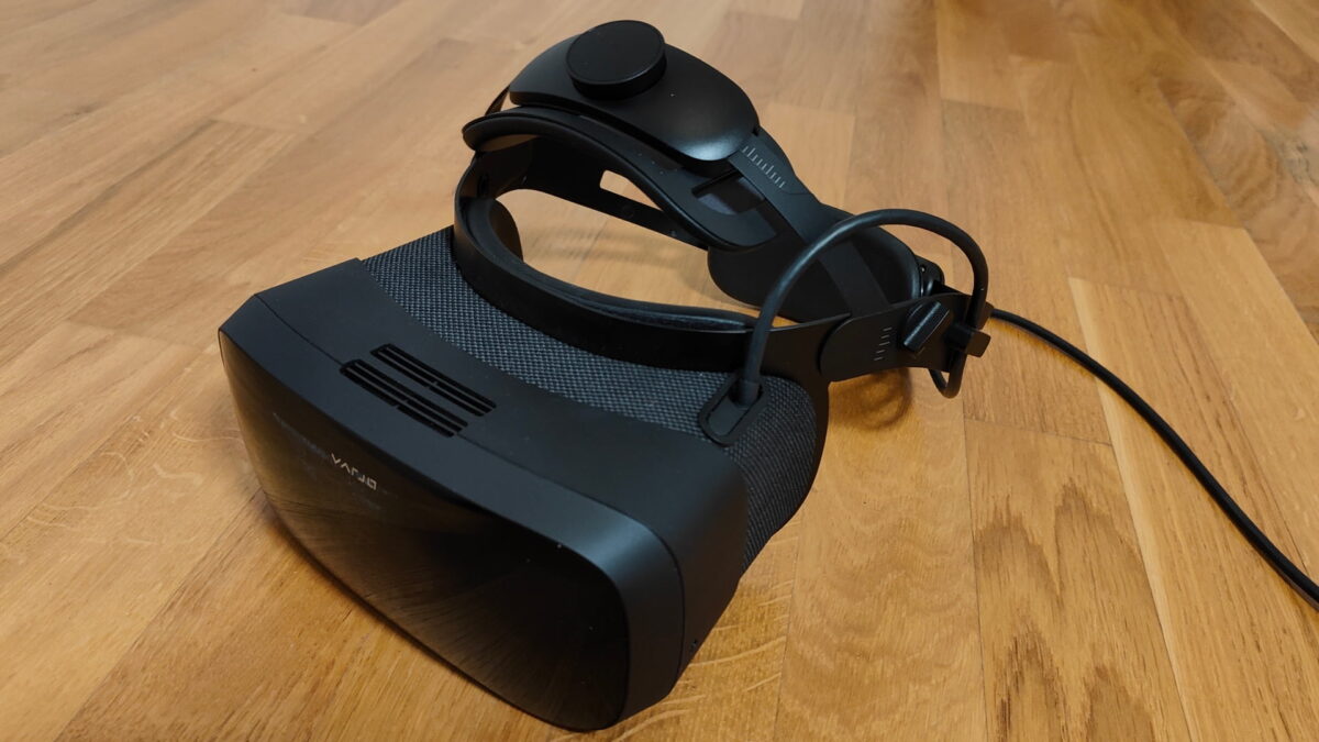 Varjo Aero VR goggles on floor, top left oblique view, frontal