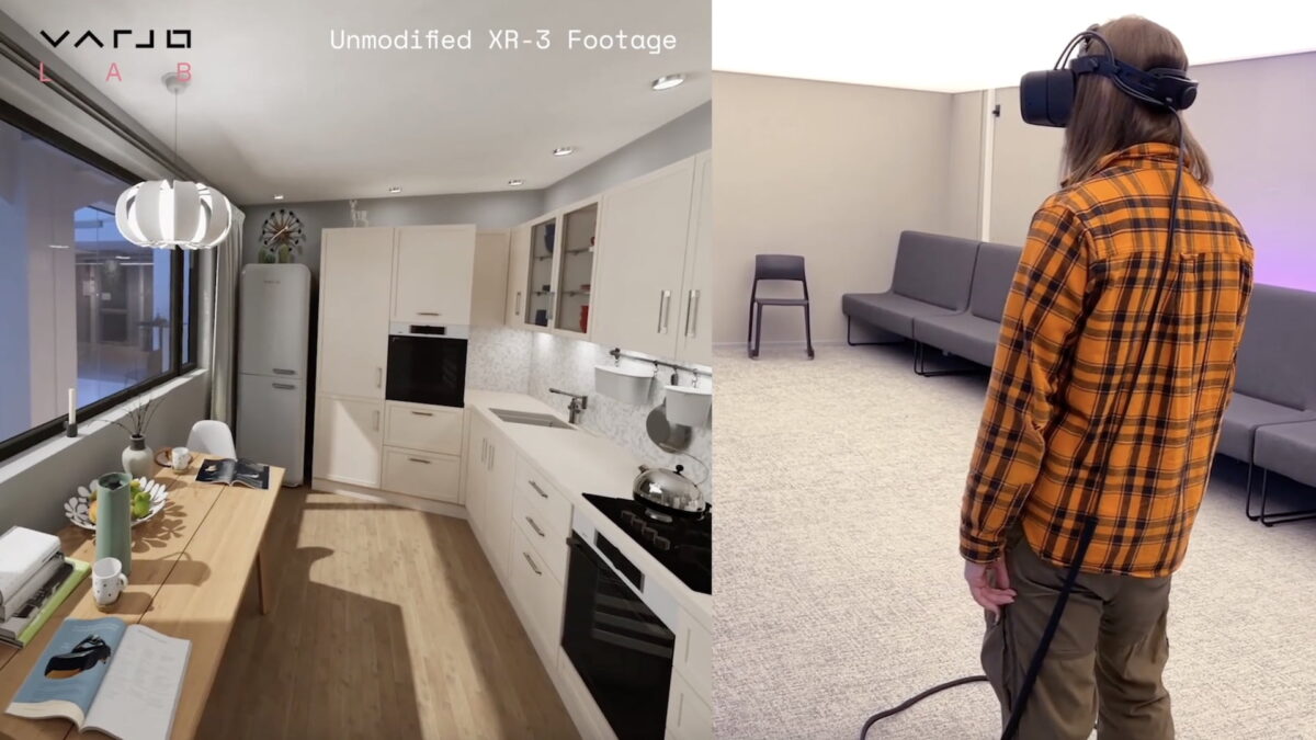 Mixed reality kitchen next to man with VR glasses.