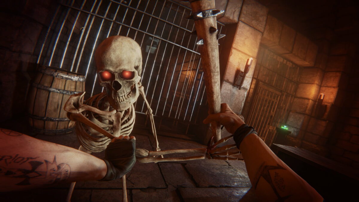 In the VR game Bonelab, a skeleton is held down and worked on with a spiked club.