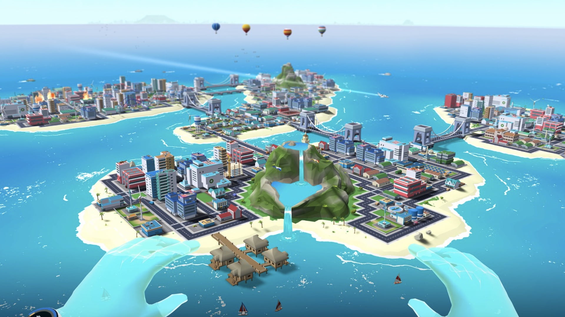 The player hovers above a densely populated island city.