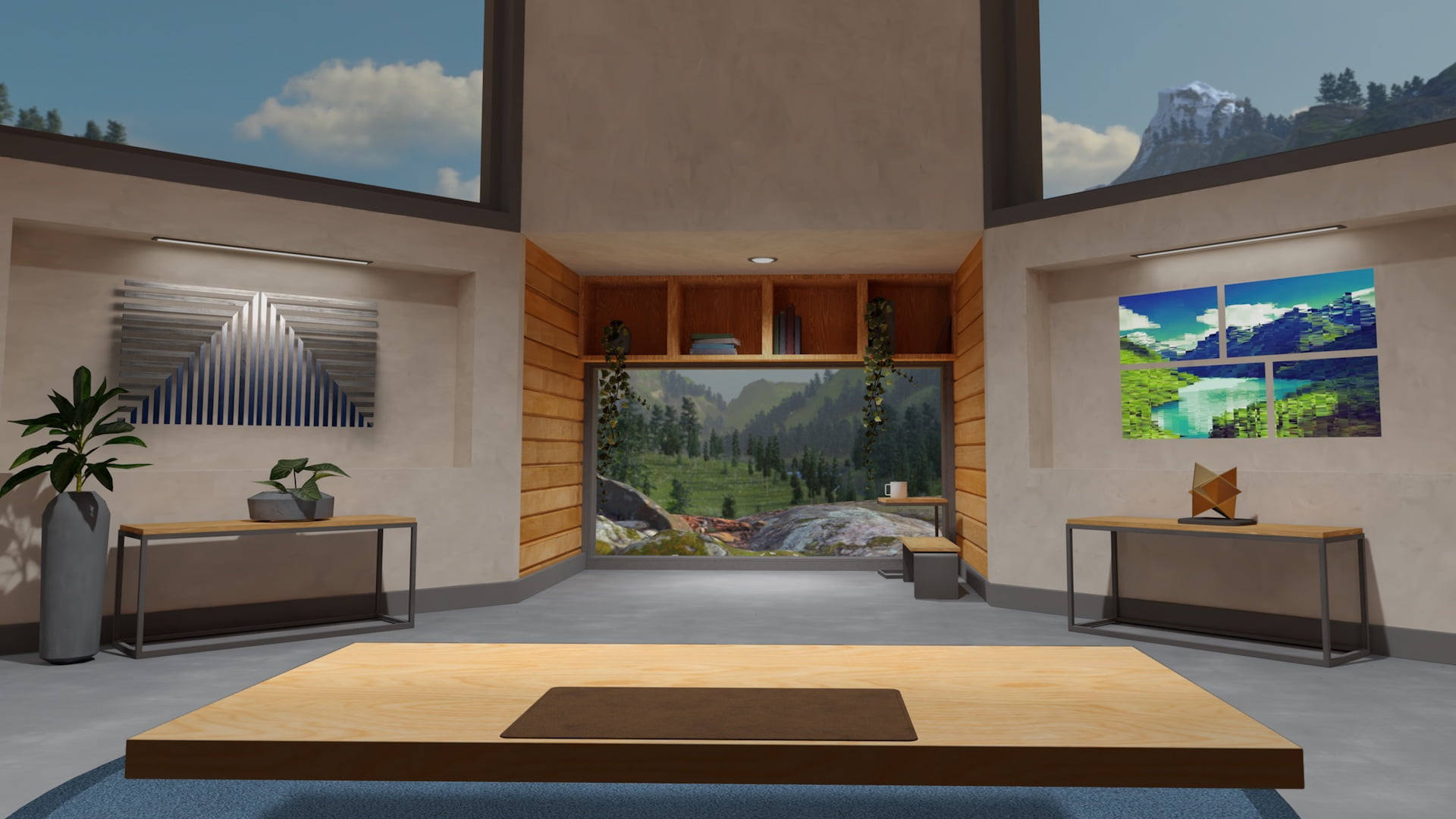 A spacious study in the mountains with a view of the surrounding nature.