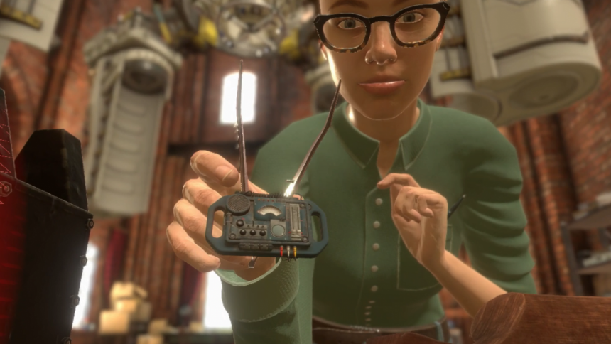 Virtuelle Frau mit Brille und einem Gerät in der Hand schaut den Betrachter an