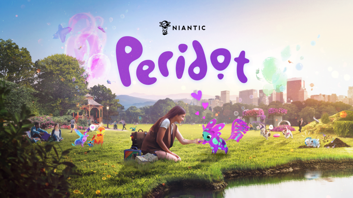 Young woman playing in meadow with a Peridot, a virtual pet from Niantic's new AR game Peridot