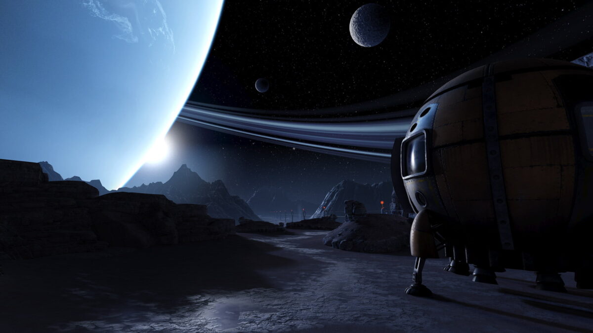 A space capsule on an alien planet, above it a blue planet.