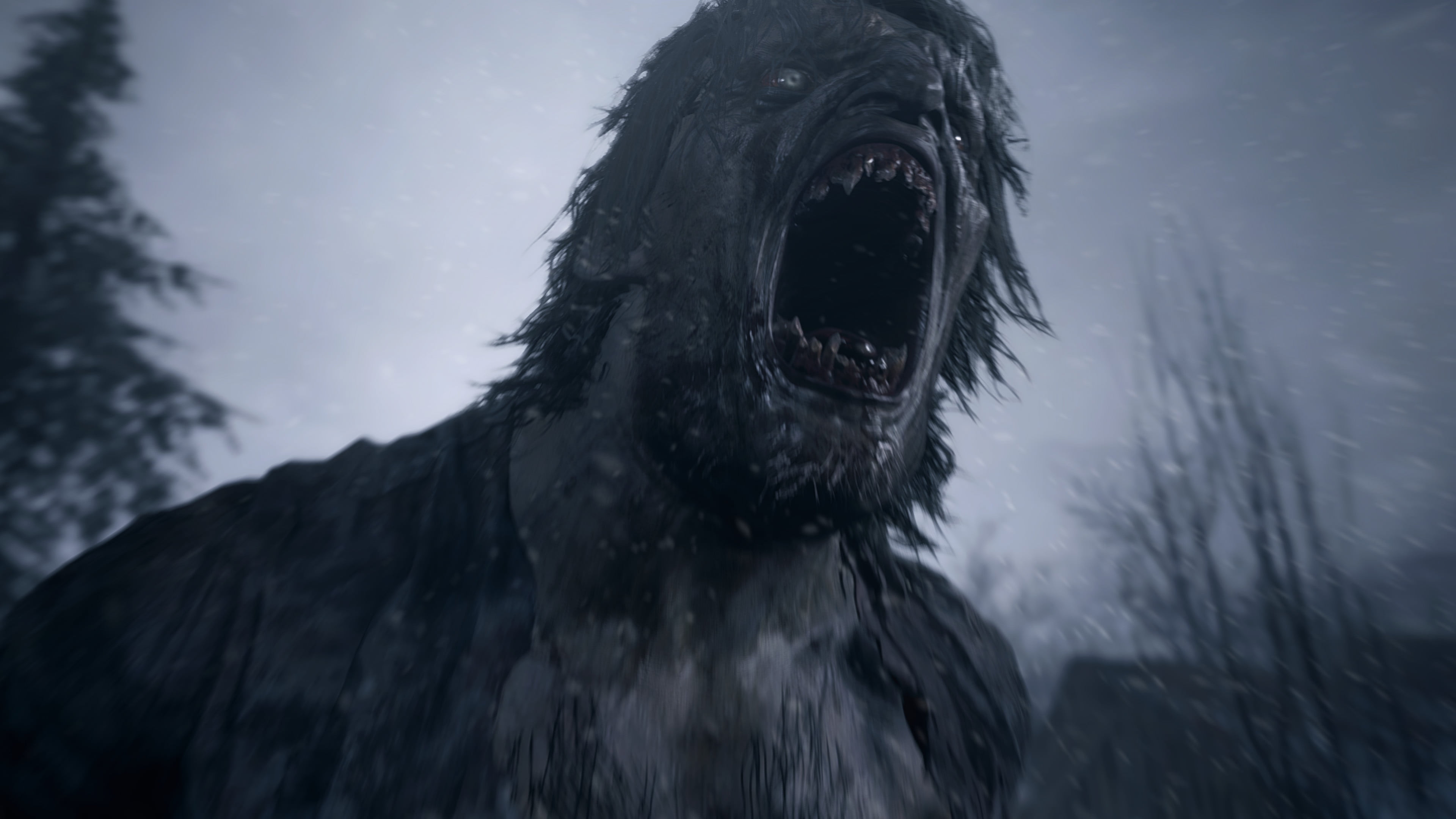 A monster from Resident Evil Village roars with its mouth open.