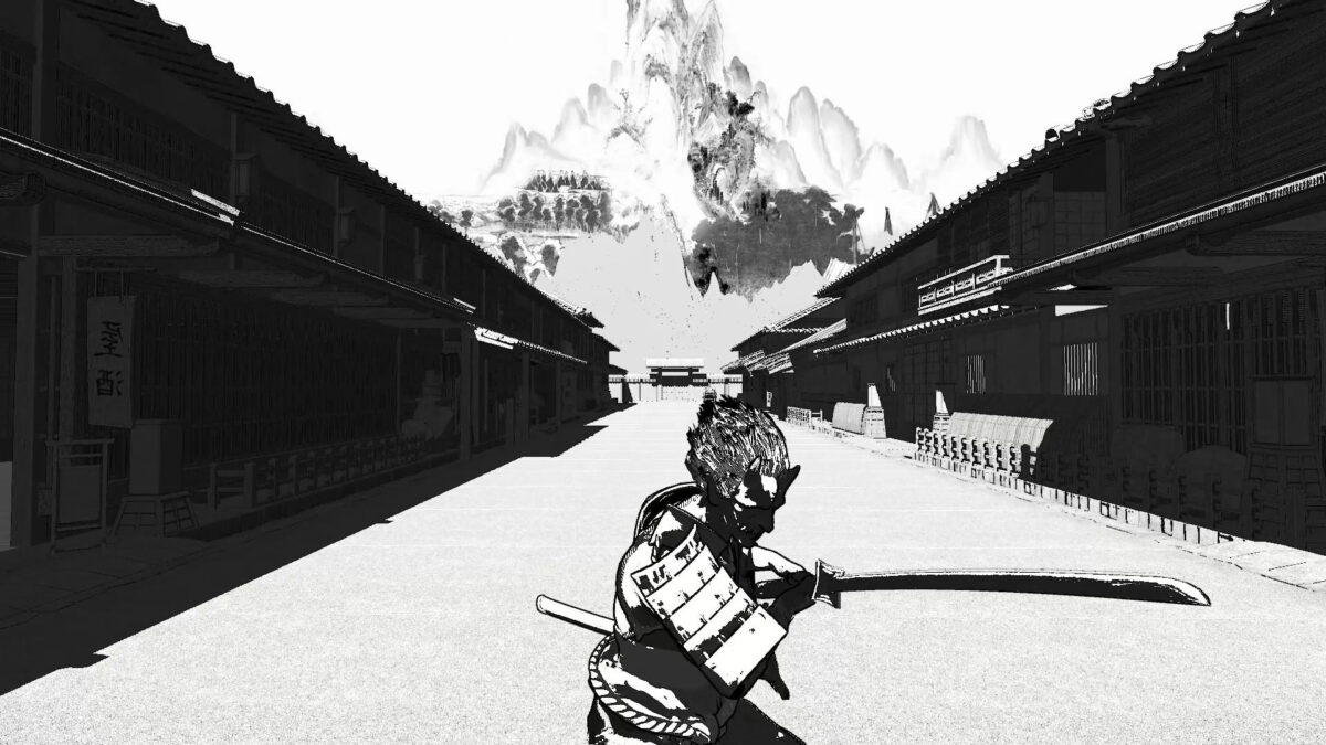 An opponent attacks with a katana in front of idyllic mountain scenery.