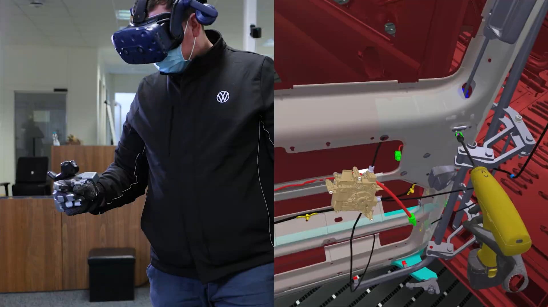 The senseglove Nova haptic glove is used for VW training in VR.