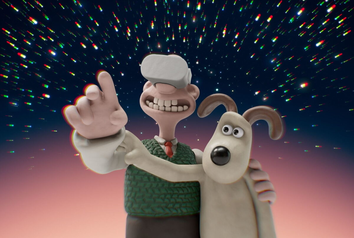 Wallace and Gromit are standing in front of the starry sky.
