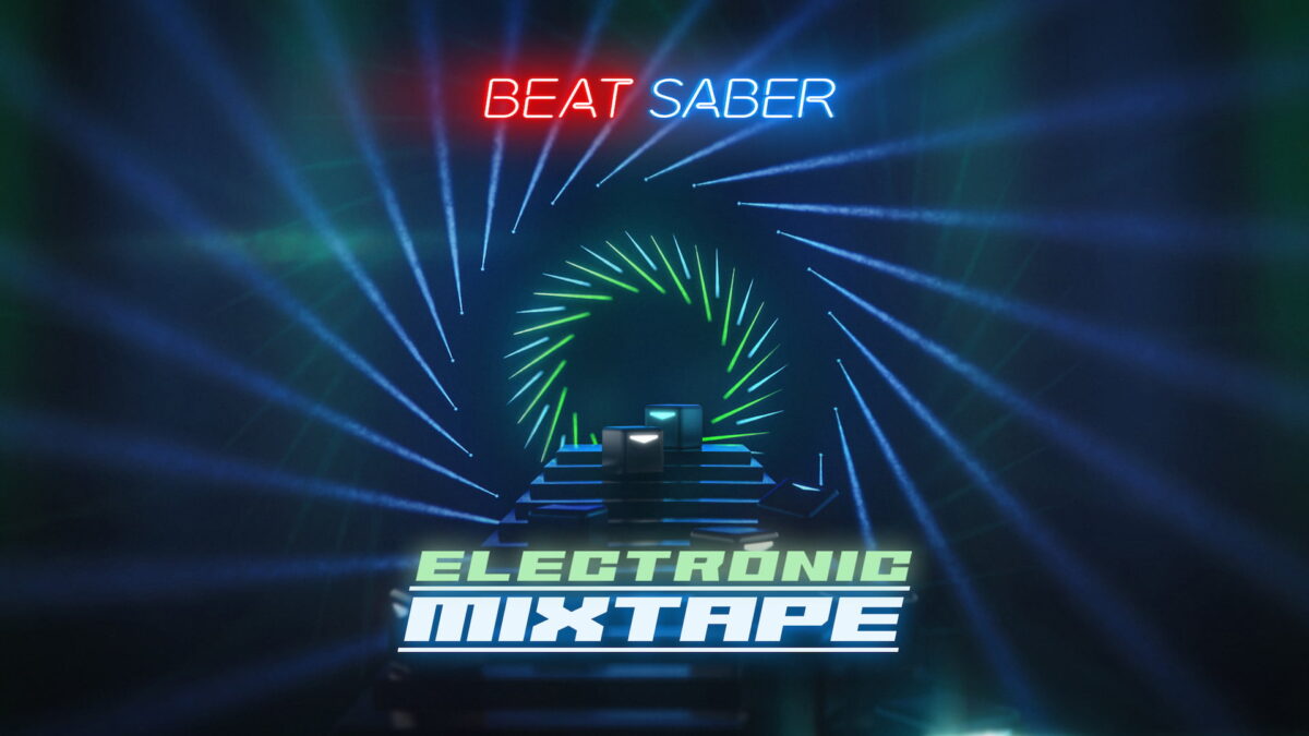 Logo of Electronic Mixtape with light show in background.