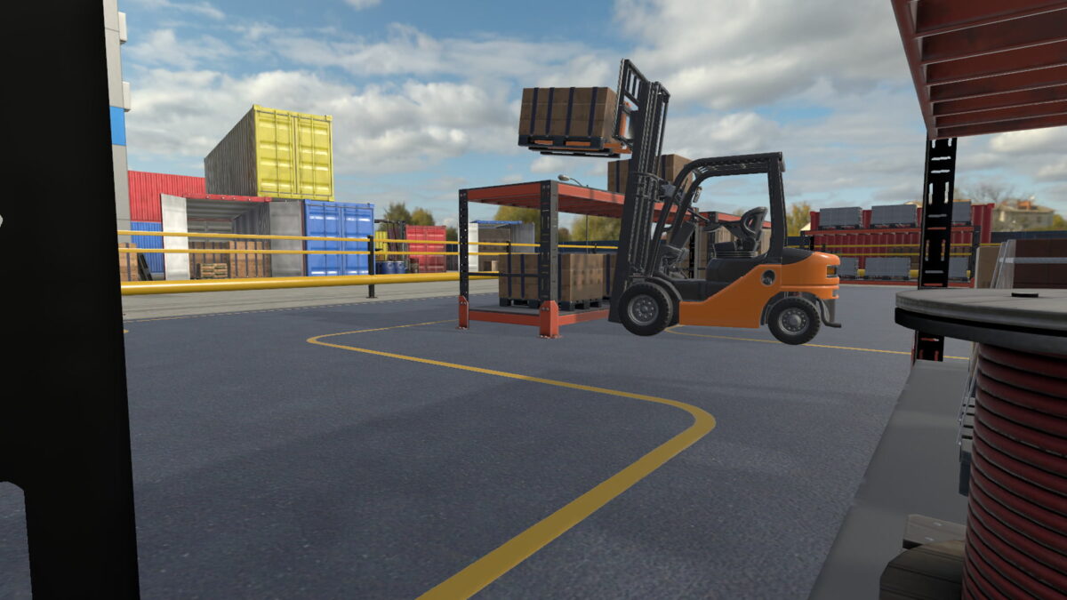 Virtual forklift lifts pallet onto a shelf in Best Forklift Operator VR