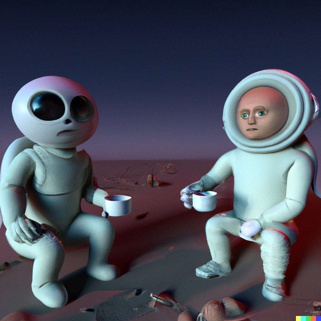 An alien and a human drinking coffee on Mars - AI generated image