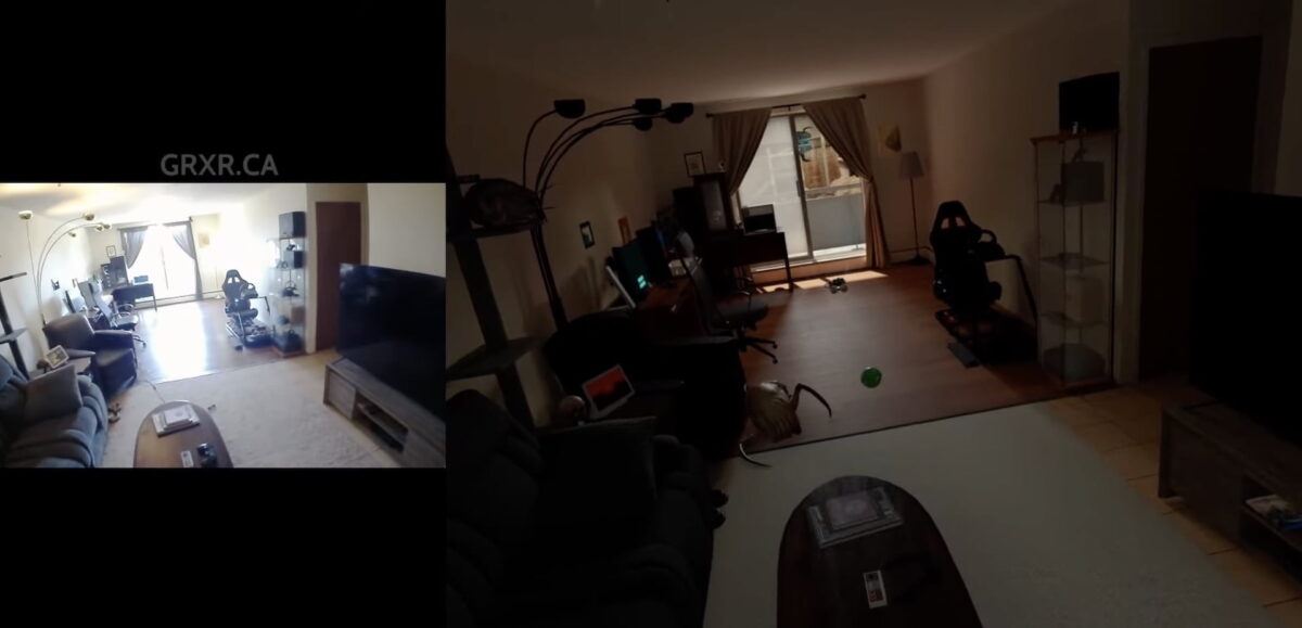 On the left a camera image of the real apartment, on the right the digital replica from Half-Life: Alyx.