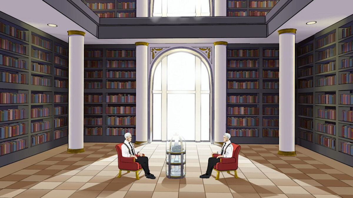 Two identical-looking men sit in a sprawling bibliohtek.