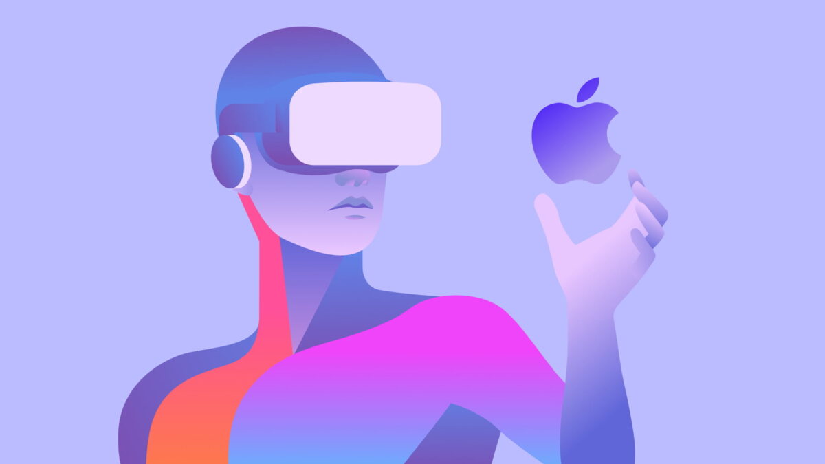 Graphic of person with VR headset holding Apple logo in hand