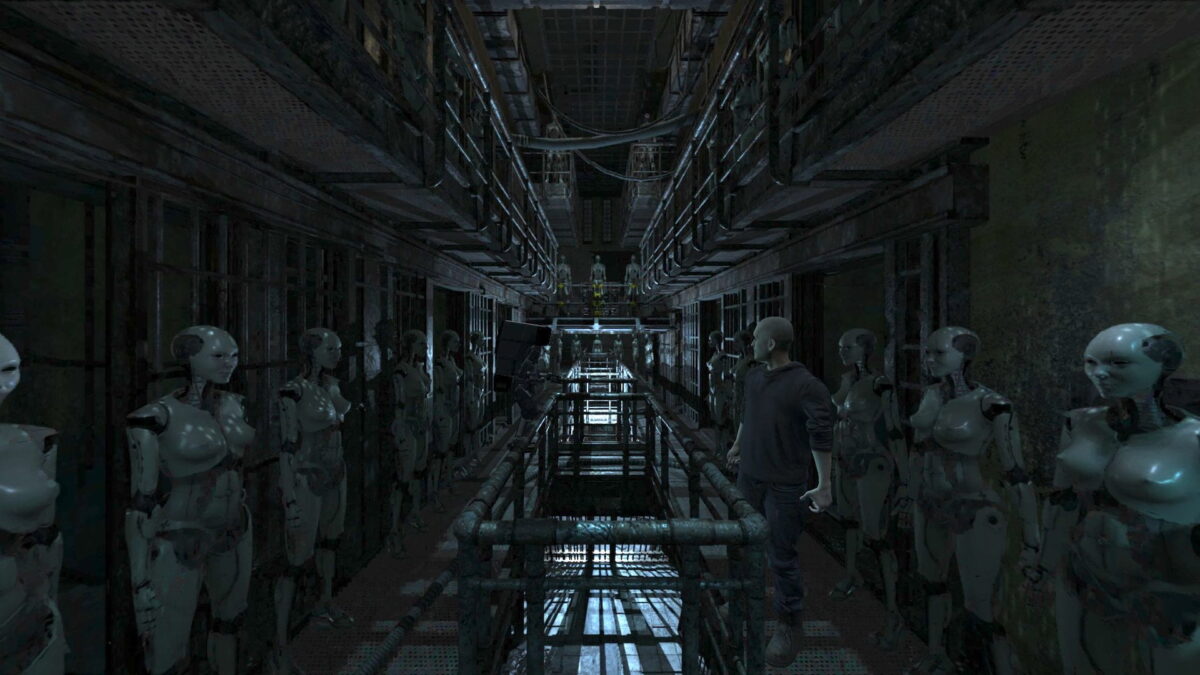 A prison wing in semi-darkness with androids.