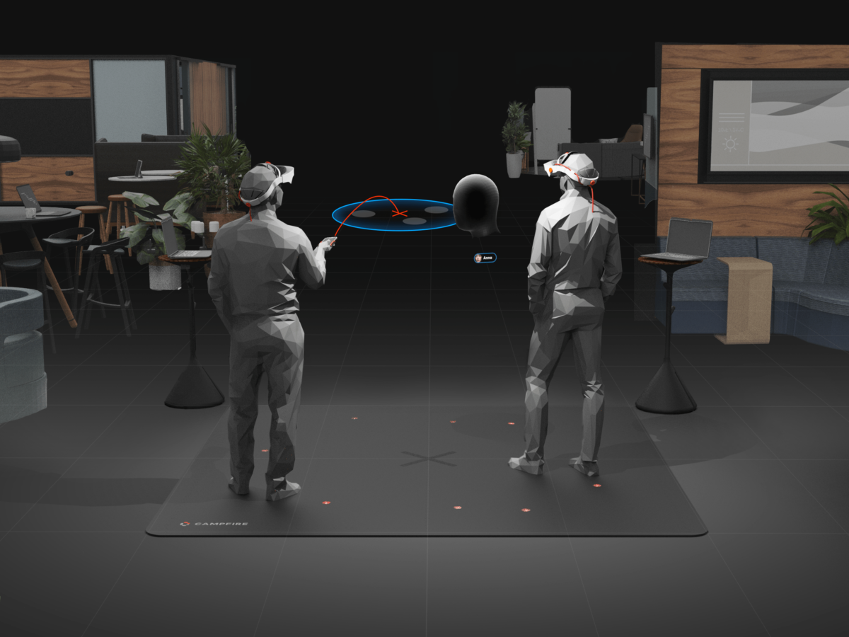A group of AR-glasses wearers teleport through a large virtual room.