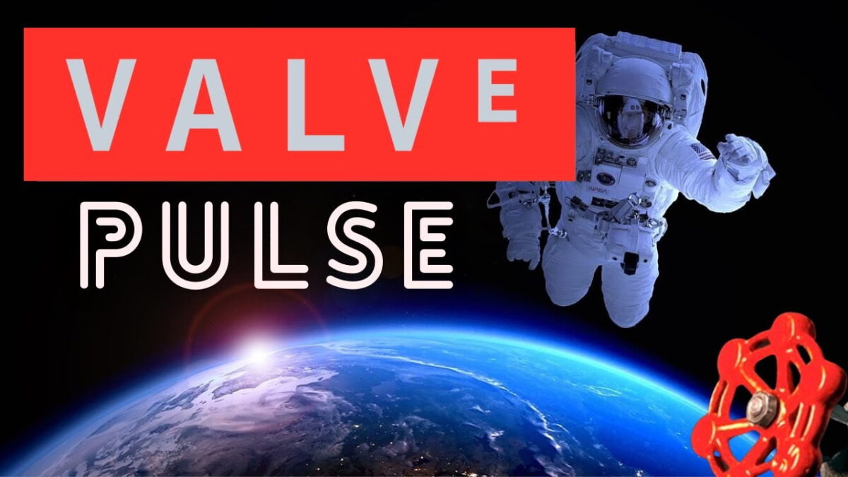 An astronaut hovers above the earth and Valve's signature crank valve