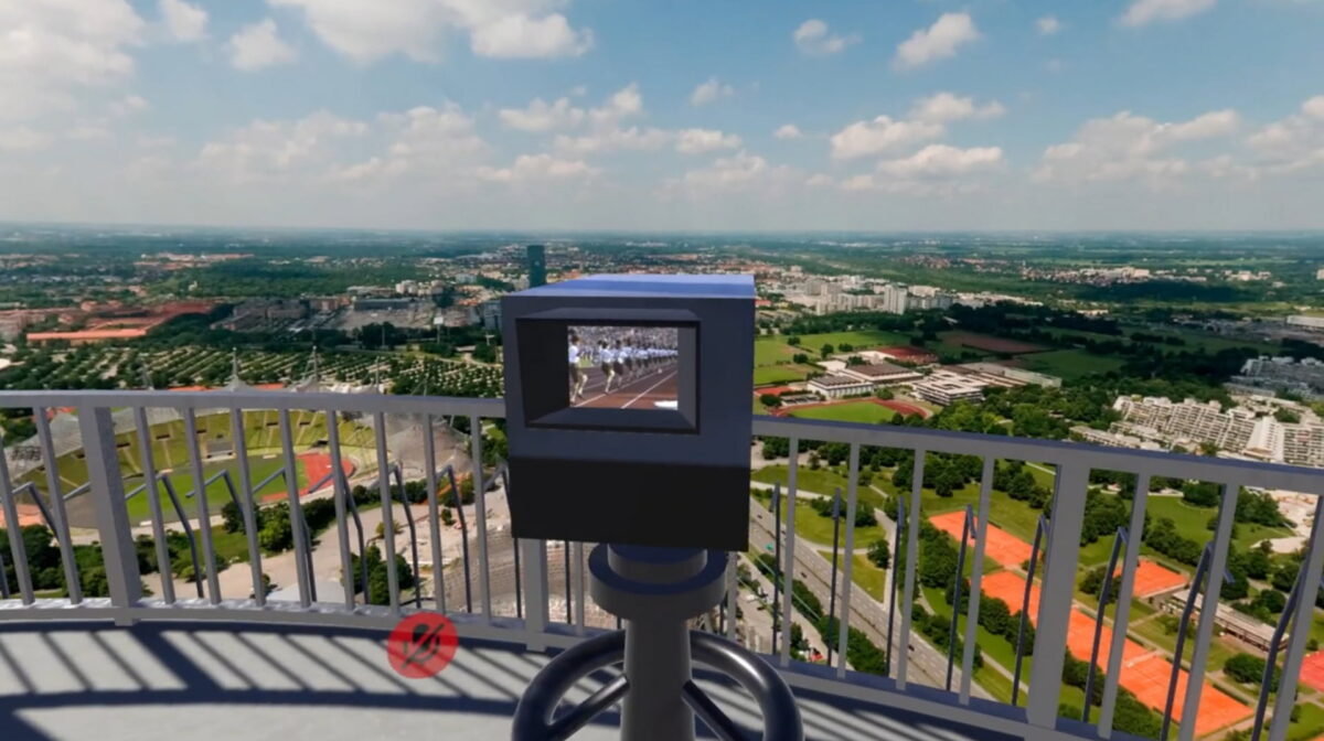 360 degree view over Munich with video of 1972 Olympics in foreground in virtual binoculars