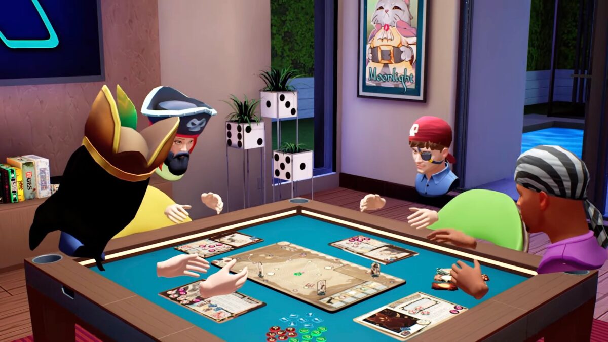 Avatars in costumes sit around a table and play a board game.