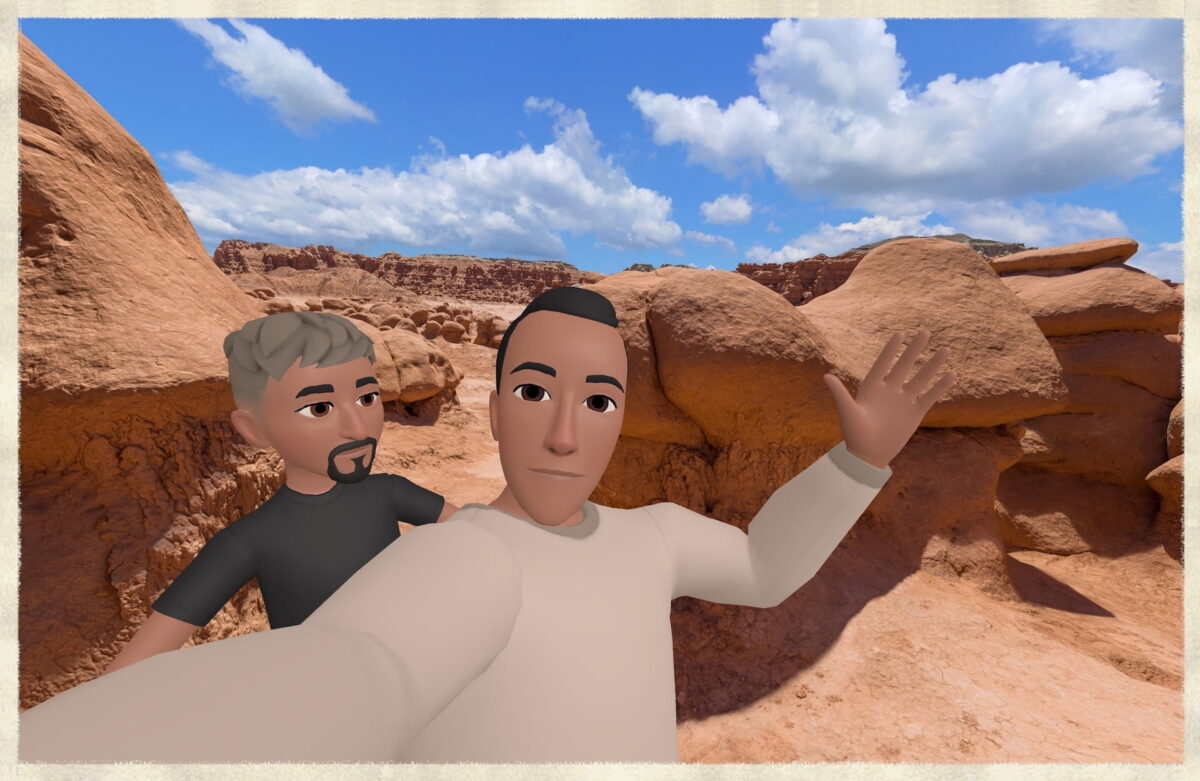 Two avatars take a selfie in Goblin Valley.