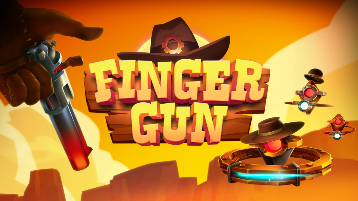Artwork of the VR game Finger Gun with finger turned into a gun and robo opponents.