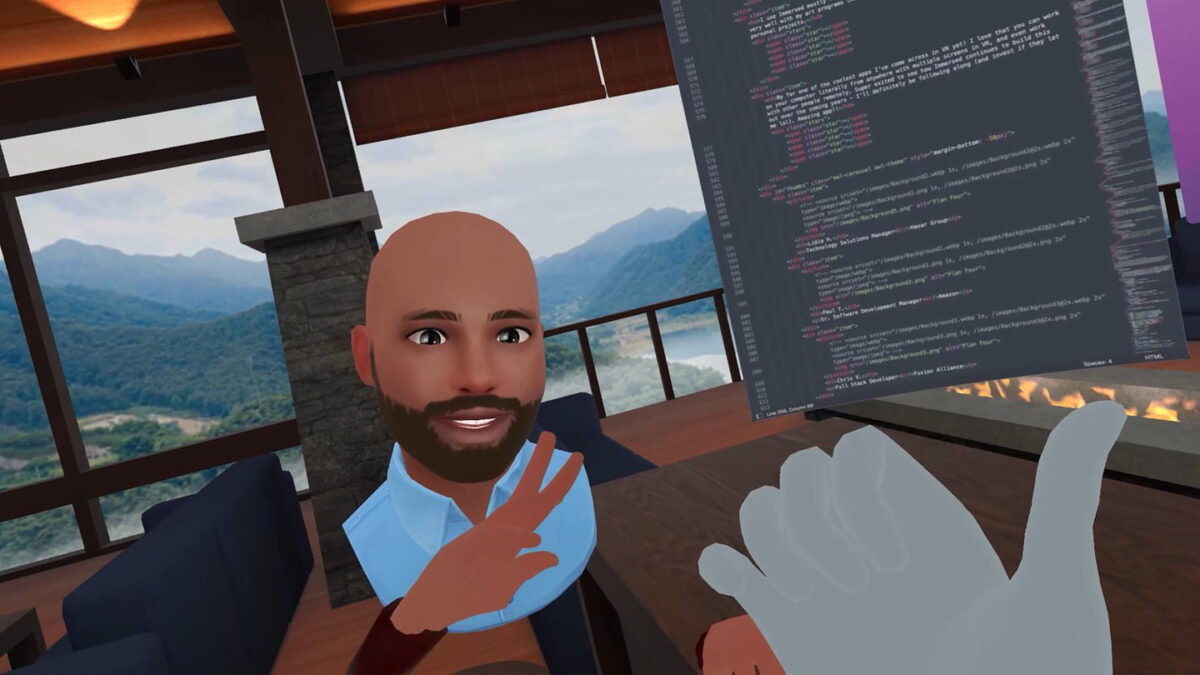 Two immersed avatars meet in the VR office in front of a virtual table.