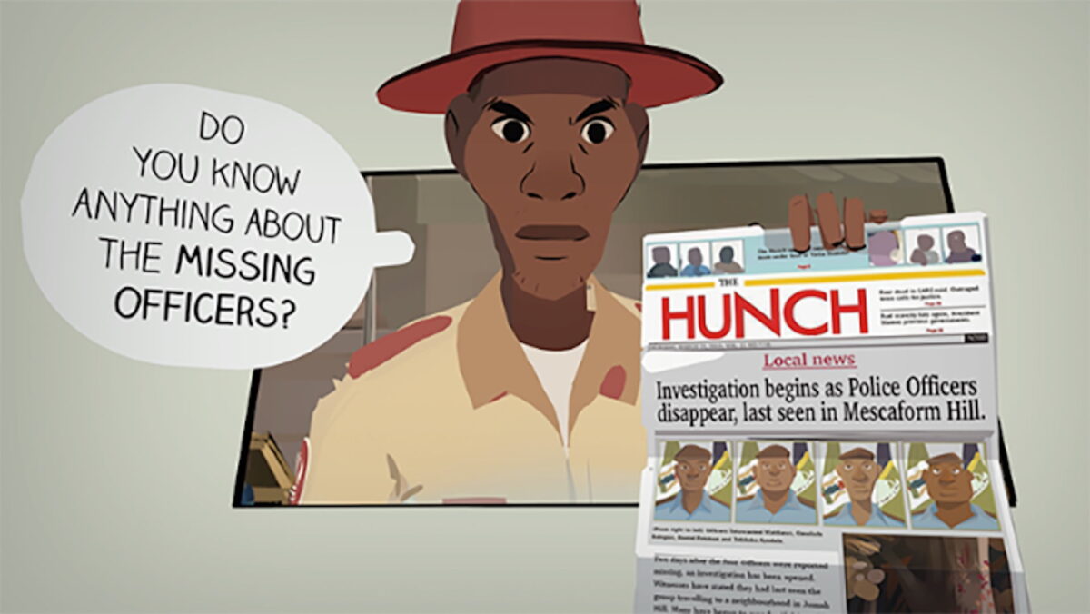 A police officer with a newspaper in his hand rises out of a 3D comic panel showing four missing persons.
