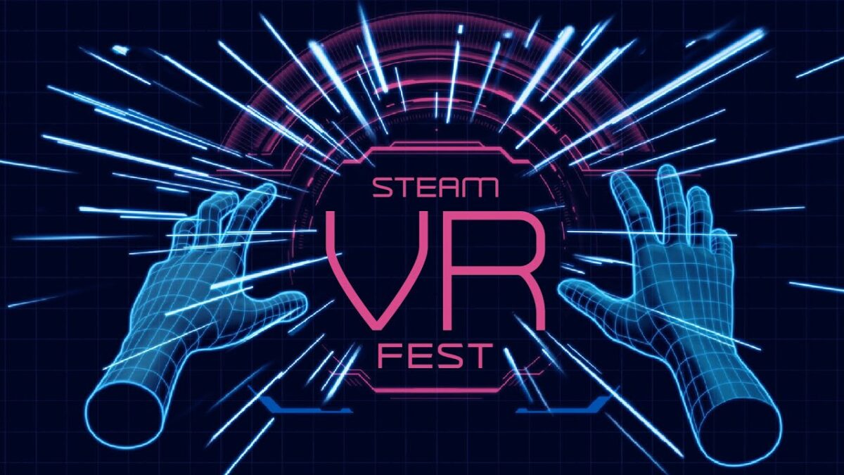 Two wireframe hands grab the lettering "Steam VR Action".