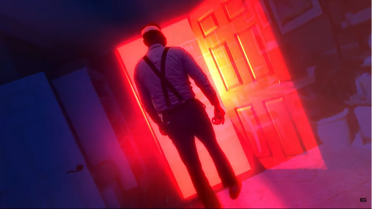 A man wearing VR headset walks through a mysterious glowing door.