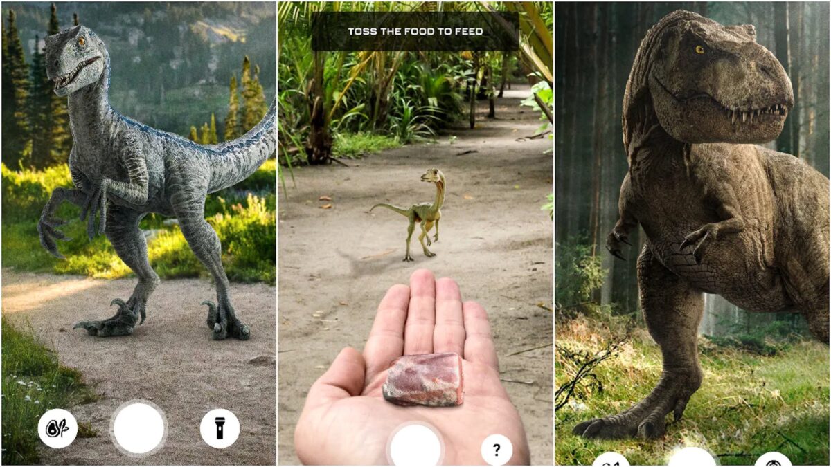 Three concept images to visualize what AR dinos look like on the smartphone.
