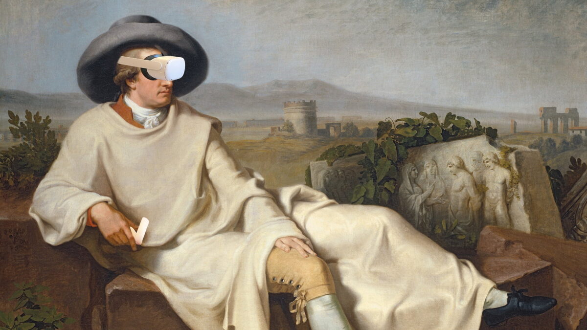 Goethe with Quest 2 and controller half lying in front of an Italian landscape.